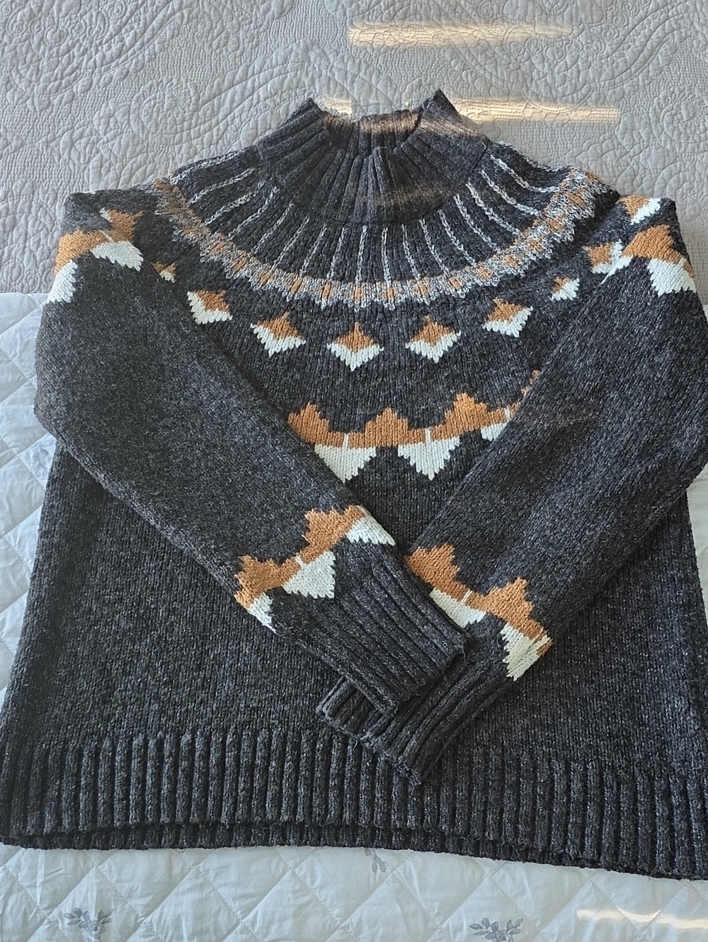 Tribal Women's Charcoal Turtleneck Sweater with Tan & White Fair Isle